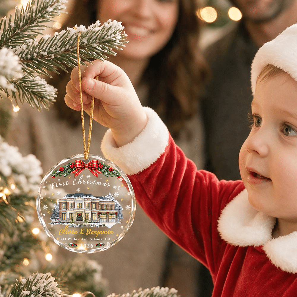 Personalized Our First Christmas House Photo Acrylic Glass Ornament with Name and Year Tree Decoration Christmas Gift for Family 4