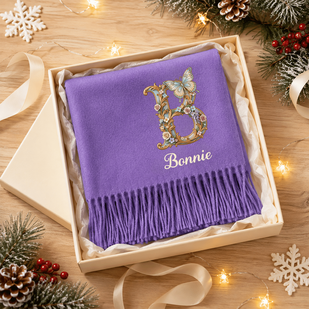Personalised Floral Art Butterfly Initial Design Soft Warm Scarf with Name and Tassel Winter Accessory Christmas Gift for Woman 2