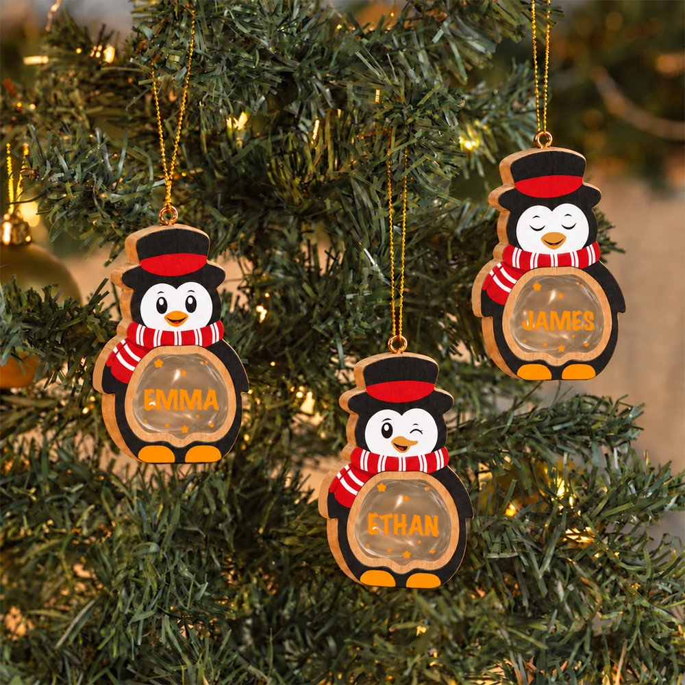 Personalized 1-14 Cartoon Penguin LED Light Wooden Christmas Ornament with Name and Text Christmas Gift for Family Kids 8