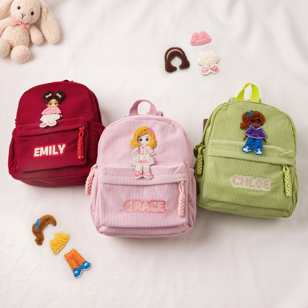 Personalised Embroidery Cartoon Character Interchangeable Outfit Corduroy School Bag with Name Christmas Gift for Girl Student 2