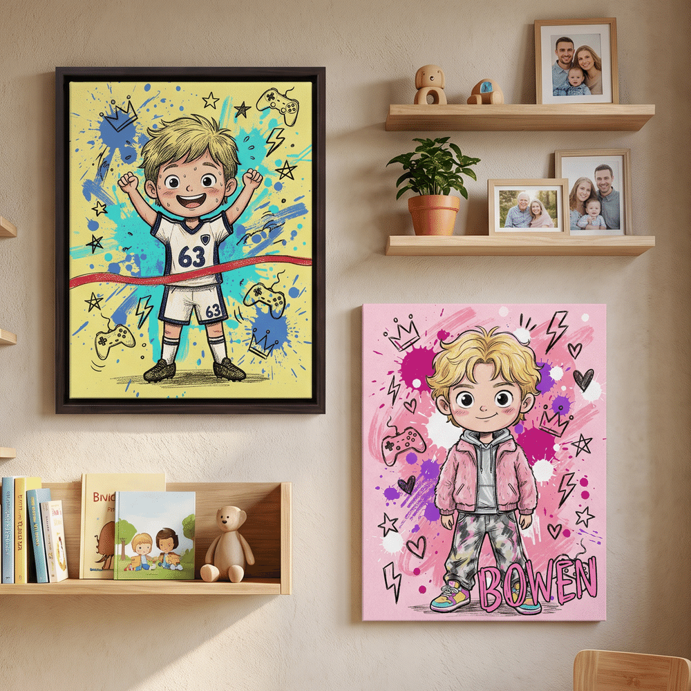 Personalisierte Q-Version-Cartoon-Leinwanddrucke mit Kinderfiguren und Namen – Wohnaccessoire und Geburtstagsgeschenk für frischgebackene Eltern 4