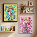 Personalisierte Q-Version-Cartoon-Leinwanddrucke mit Kinderfiguren und Namen – Wohnaccessoire und Geburtstagsgeschenk für frischgebackene Eltern 4