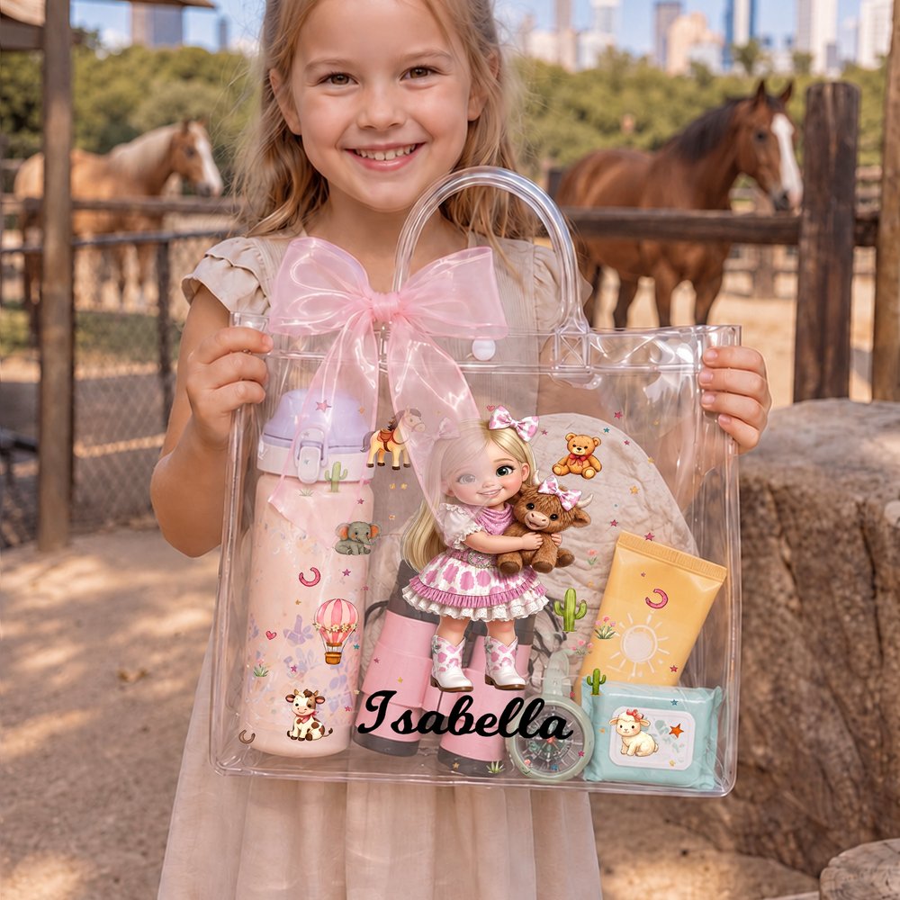 Personalized Cartoon Cowboy Cowgirl Photo Clear Gift Bag with Name and Ribbon Birthday Christmas Gift for Boys Girls 5