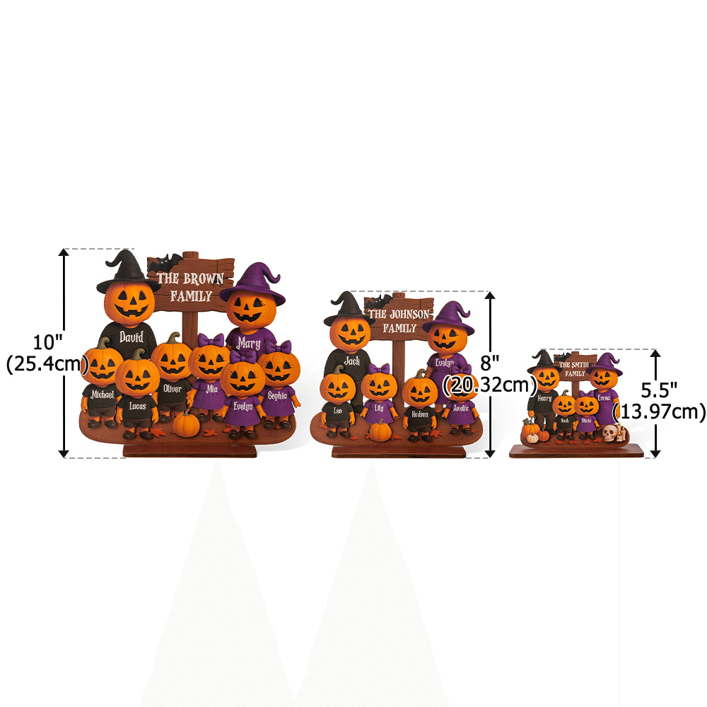 Personlig treplakett med 3D-effekt: «Jack O’ Lantern»-familien i flere lag, med navn – interiørdekorasjon og Halloween-gave til familien 8