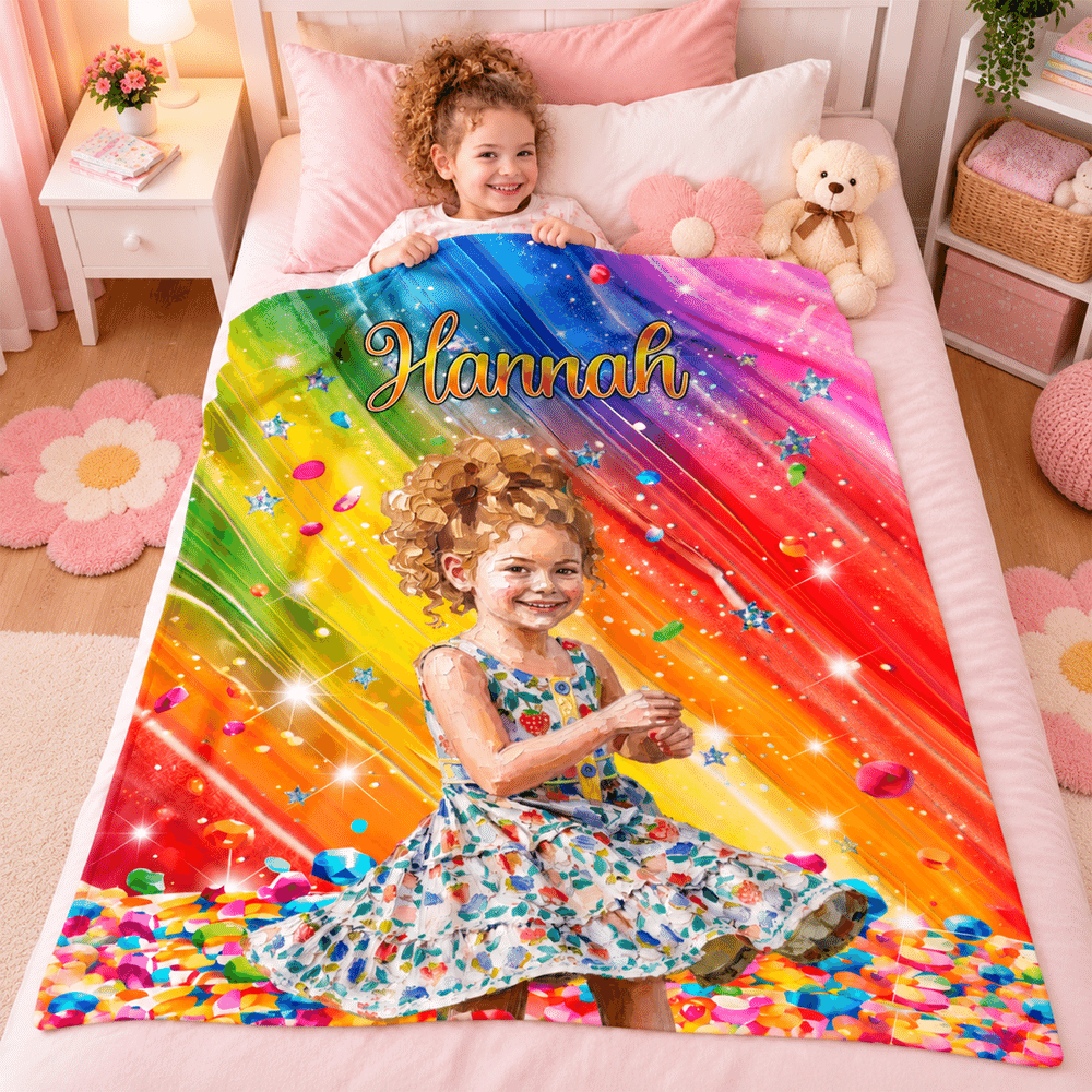 Personalised Soft Colourful Oil Painting Style Photo Blanket with Name Daily Use Christmas Birthday Gift for Girls Children Women 3
