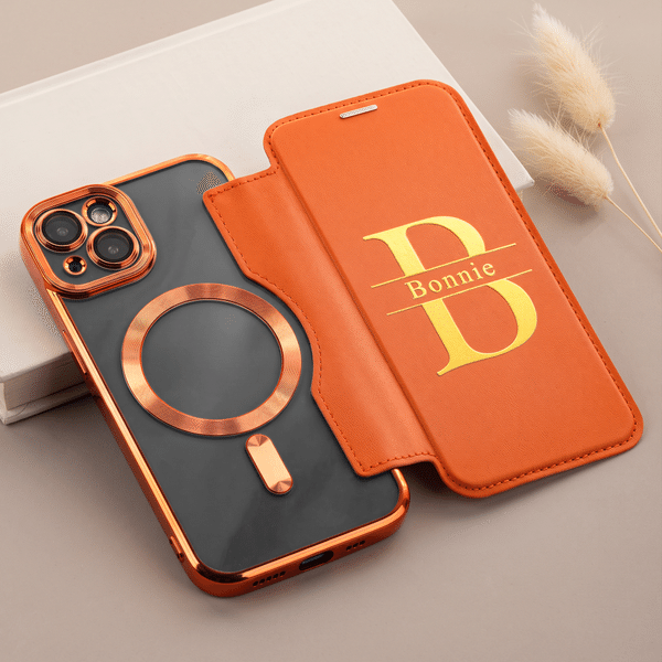 Gepersonaliseerd, minimalistisch, goudkleurig PU-leren telefoonhoesje met naam, magnetische ring en kaarthouder voor de iPhone – verjaardags- of kerstcadeau voor vrienden