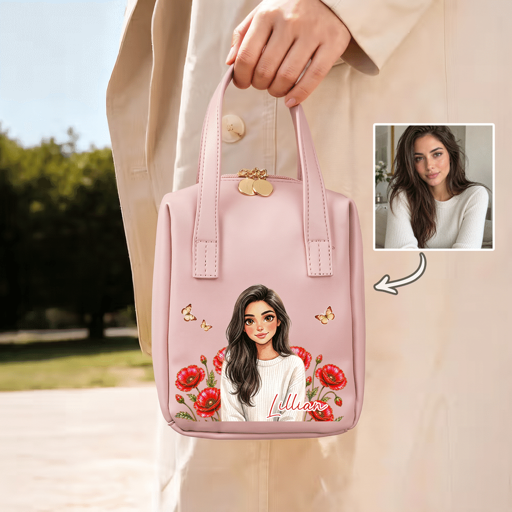 Personalised Birth Flower & Cartoon Character Photo PU Leather Makeup Bag with Name and Handle Daily Use Birthday Gift for Girls Women 7