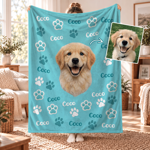 Personalized Paw Print Horseshoe Pet Photo Soft Throw Blanket with Name Home Decor Birthday Christmas Gift for Pet Lovers Owners Friends