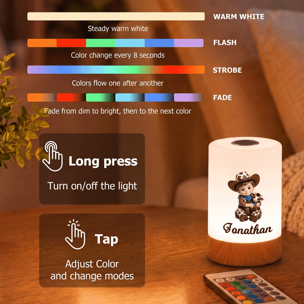 Personalized 3D-Effect Artwork Cartoon Cowboy Child Remote Control LED Night Light with Name Daily Use Birthday Christmas Gift for Kids Children Boys 7