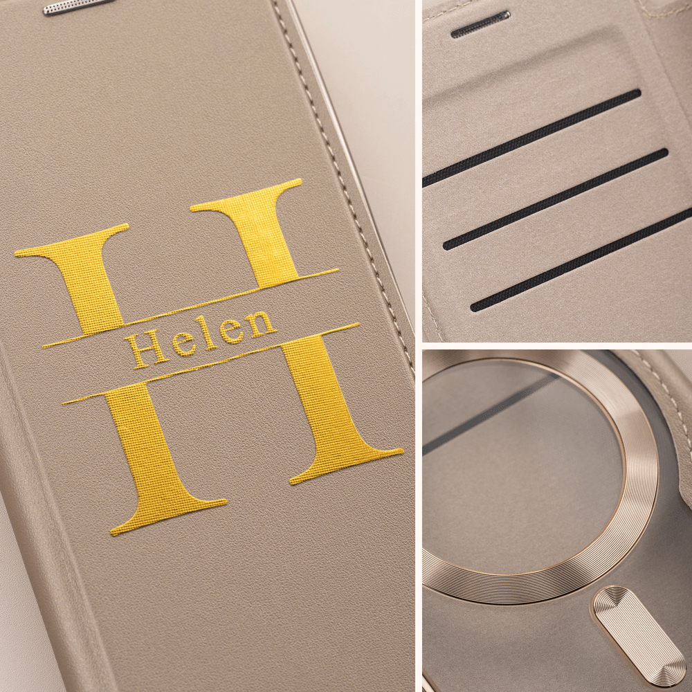 Gepersonaliseerd, minimalistisch, goudkleurig PU-leren telefoonhoesje met naam, magnetische ring en kaarthouder voor de iPhone – verjaardags- of kerstcadeau voor vrienden 5