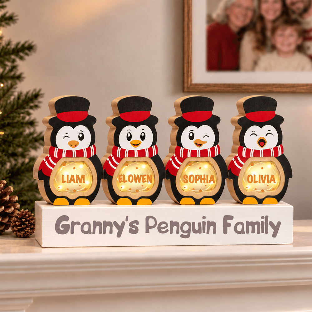 Personalized 1-14 Cartoon Penguin LED Light Wooden Christmas Ornament with Name and Text Christmas Gift for Family Kids 1