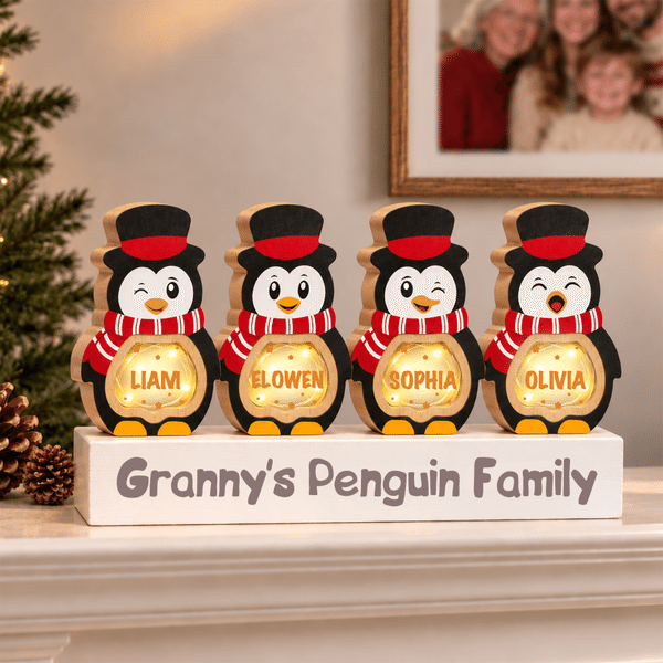 Personalized 1-14 Cartoon Penguin LED Light Wooden Christmas Ornament with Name and Text Christmas Gift for Family Kids