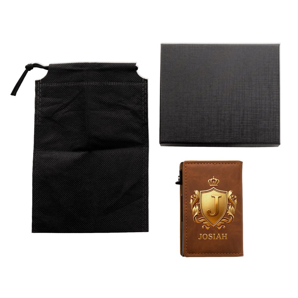 Cartera plegable con diseño personalizado con efecto 3D, escudo en forma de corona, de piel sintética (PU) y con protección RFID, con nombre y caja de regalo; ideal como regalo de Navidad o para viajes de negocios para hombre 8