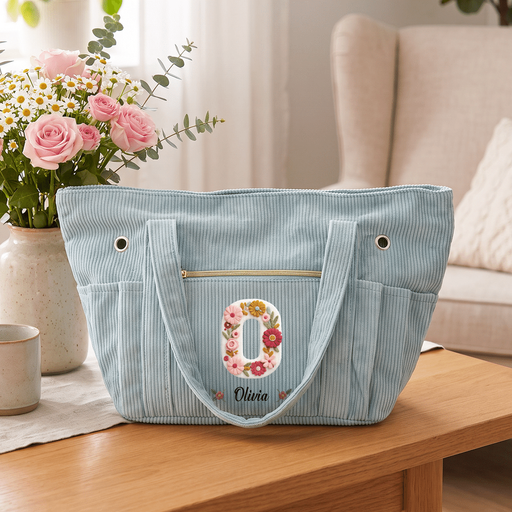 Borsa tote in velluto a coste personalizzata con iniziale floreale e ampia capienza, con nome: regalo di uso quotidiano, per compleanni e Natale, per donne appassionate di uncinetto 2