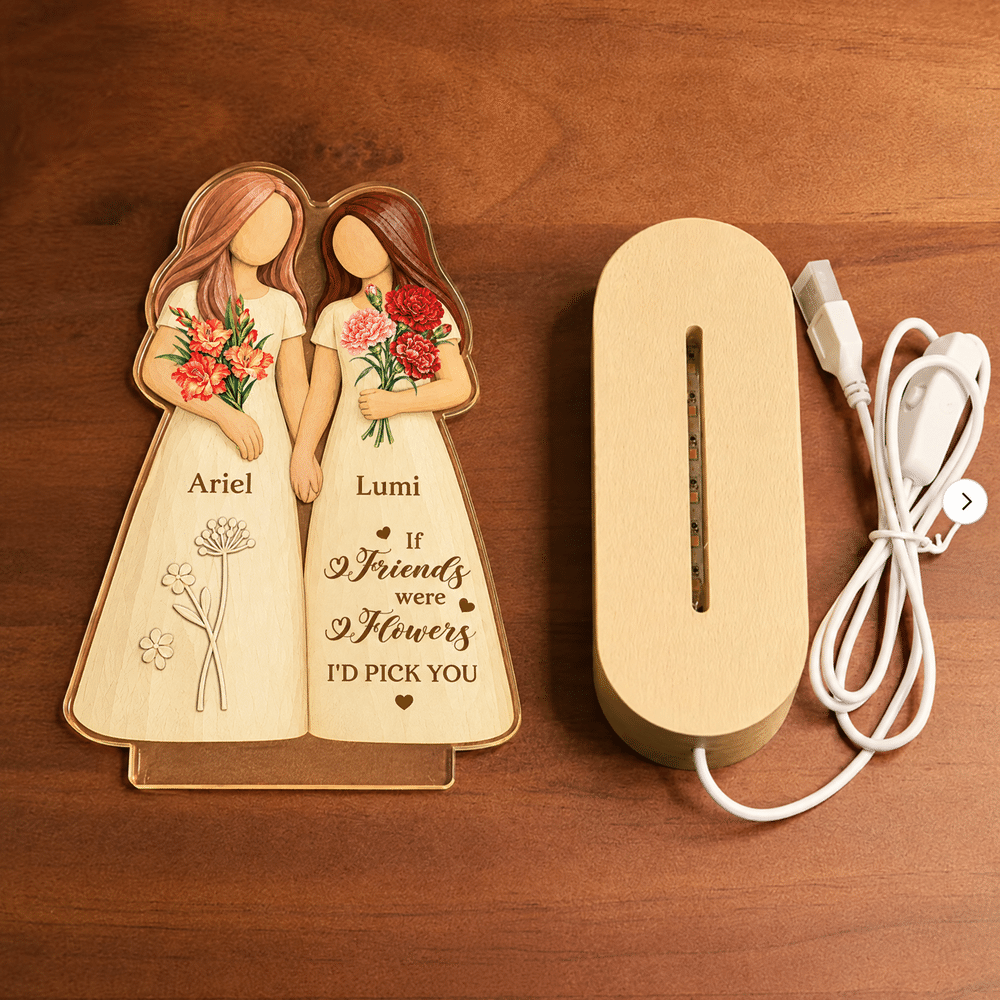 Personalized Birth Flower Faceless Human-Shaped Acrylic LED Night Light with Names and Base Anniversary Birthday Christmas Gift for Besties Sisters 6