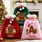 Personalized Christmas Plaid Style initial Velvet Pom-Pom Santa Sack with Name Christmas Gift for Kids Family 1