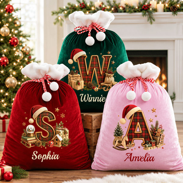 Personalized Christmas Plaid Style initial Velvet Pom-Pom Santa Sack with Name Christmas Gift for Kids Family
