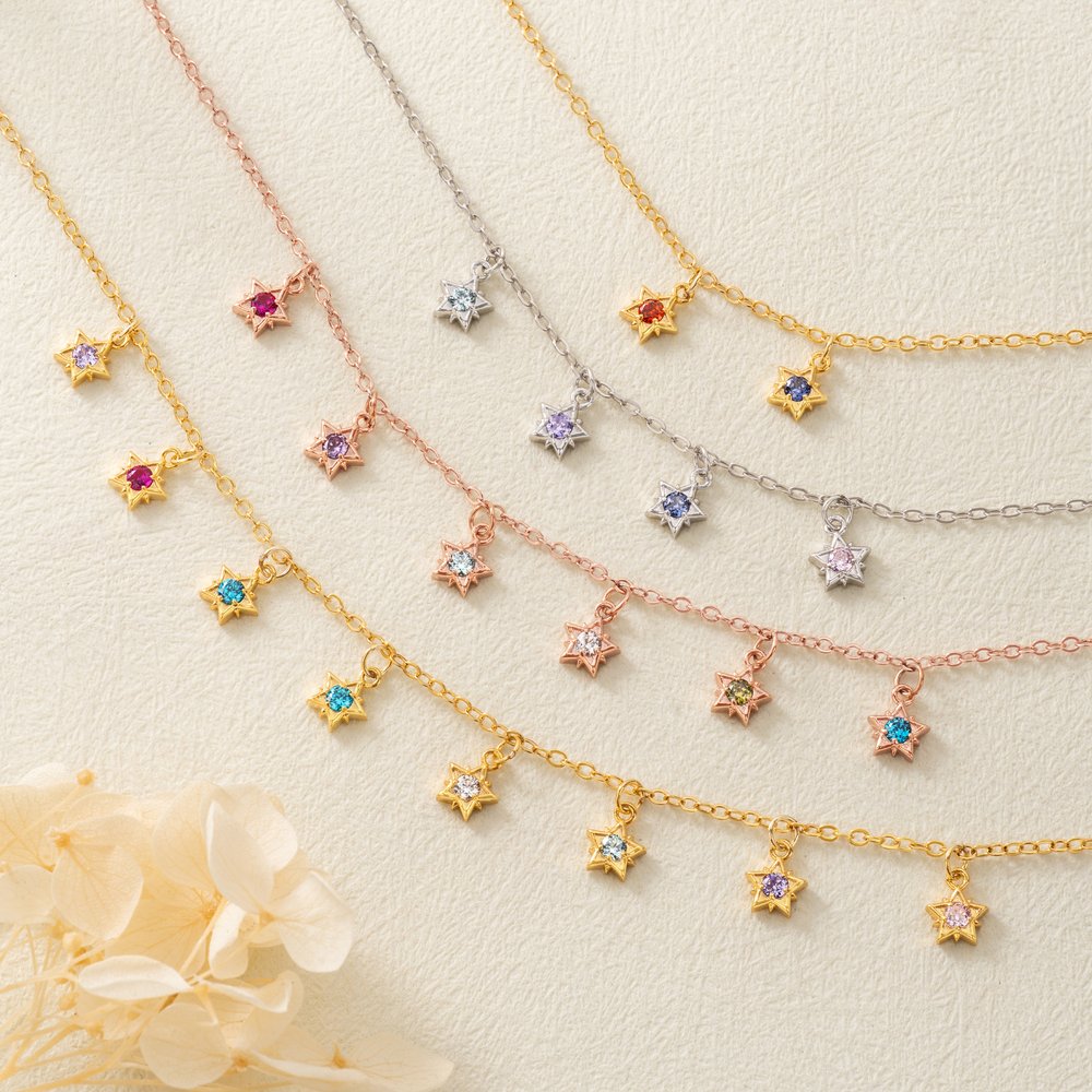 Personalized Star 1-12 Birthstone Pendant Sterling Silver Necklace Dainty Jewelry Birthday Anniversary Gift for Woman Family 2