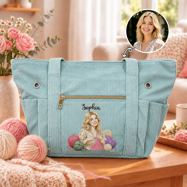 Personalized Watercolor Photo Yarn Pattern Corduroy Tote Bag with Name Daily Use Travel Birthday Gift for Crocheters Women Family Friends