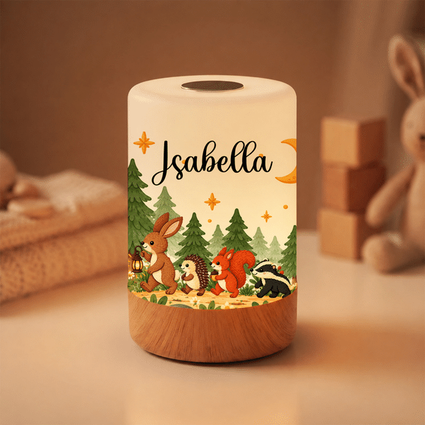 Lumina notturna ricaricabile personalizzata con animali della foresta, controllo touch e nome: decorazione per la cameretta, regalo di compleanno per bambini e bambine