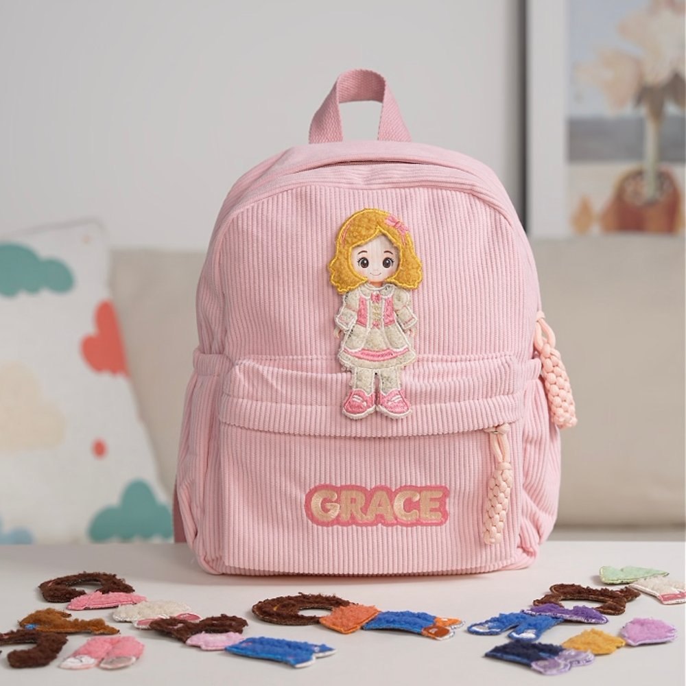 Personalised Embroidery Cartoon Character Interchangeable Outfit Corduroy School Bag with Name Christmas Gift for Girl Student 3