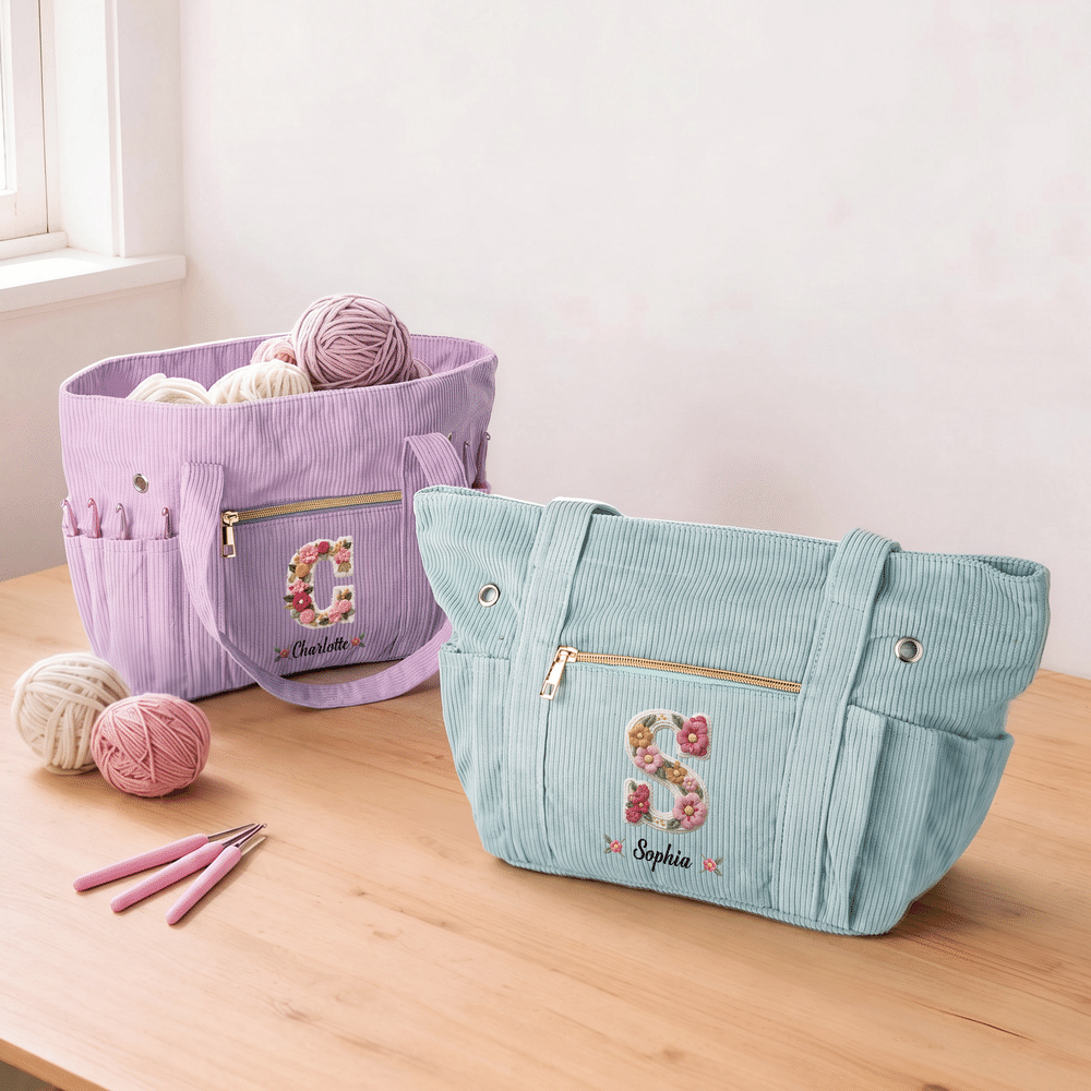 Borsa tote in velluto a coste personalizzata con iniziale floreale e ampia capienza, con nome: regalo di uso quotidiano, per compleanni e Natale, per donne appassionate di uncinetto 5