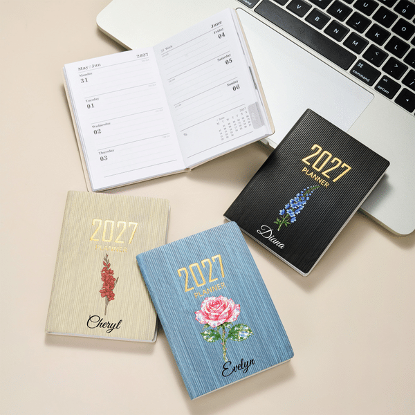 Agenda personalizada de bolsillo con la flor del mes de nacimiento para 2027, con nombre, ideal como regalo de Navidad o de cumpleaños para amigos y familiares
