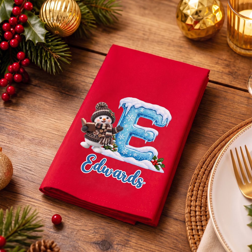 Personalized 3D-Effect Art Cute Yarn Snowman Initial 100% Cotton Red Napkin with Name Table Decor Christmas Gift for Family Friends 3