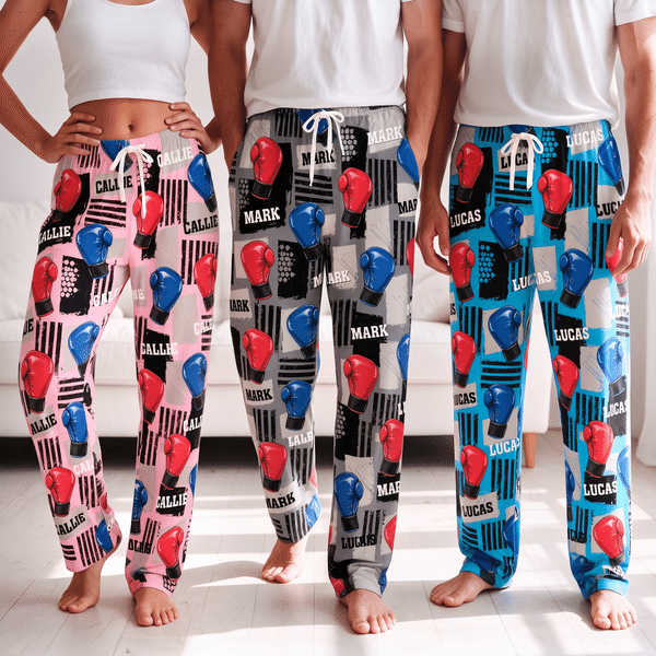 Personalised Multicolour Boxing Gloves Pattern Soft Pyjama Bottoms with Name Daily Wear Christmas Gift for Family Friends Boxing Enthusiasts