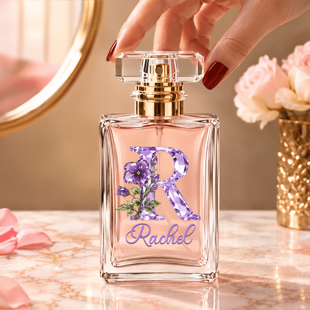 Personalized Diamond Effect Birth Flower Initial Durable Blue Bow Glass Perfume Bottle with Name Daily Use Birthday Christmas Gift for Women Girls 3