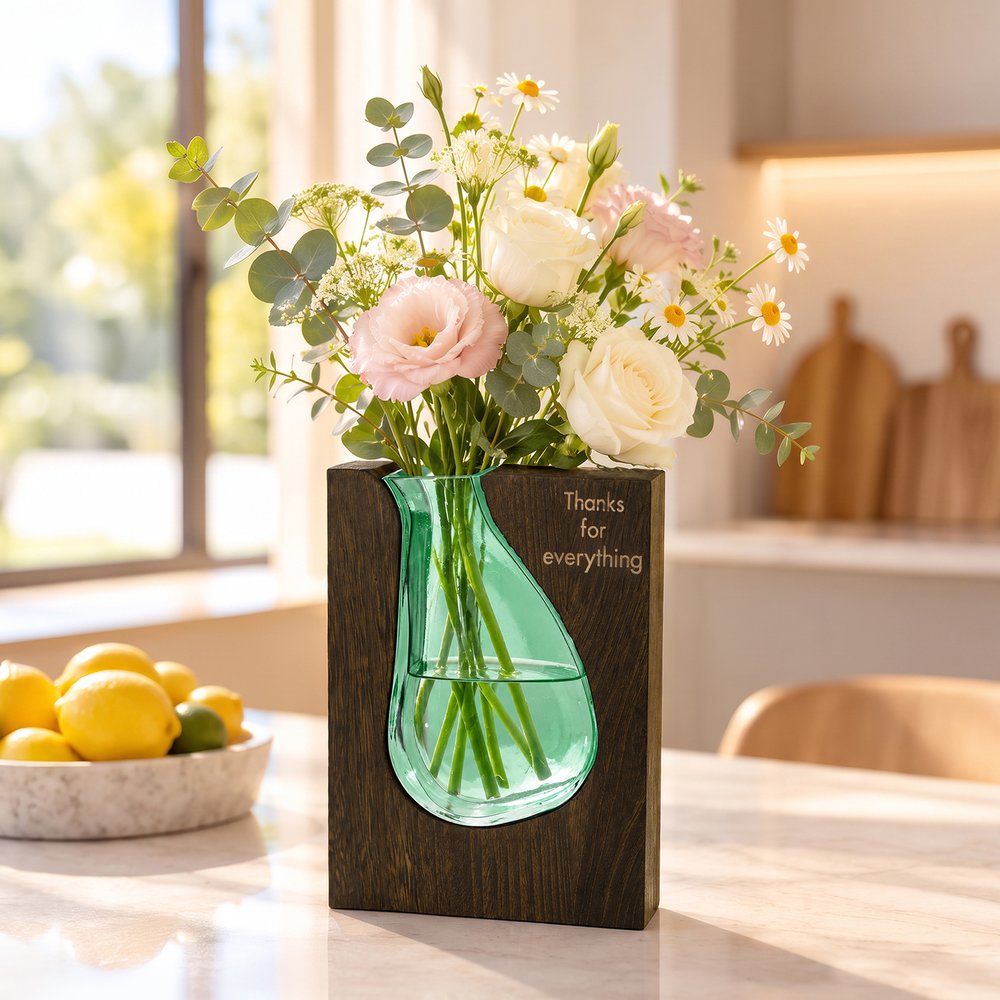 Gepersonaliseerde, artistieke vaas van groen, golvend glas met houtnerfmotief en gegraveerde naam – woondecoratie, cadeau voor een jubileum of verjaardag voor mama of oma 6