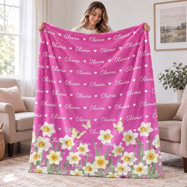 Gepersonaliseerde zachte plaid met geboortebloemen en woordwolk met naam – woondecoratie en kerstcadeau of verjaardagscadeau voor familie en vrienden