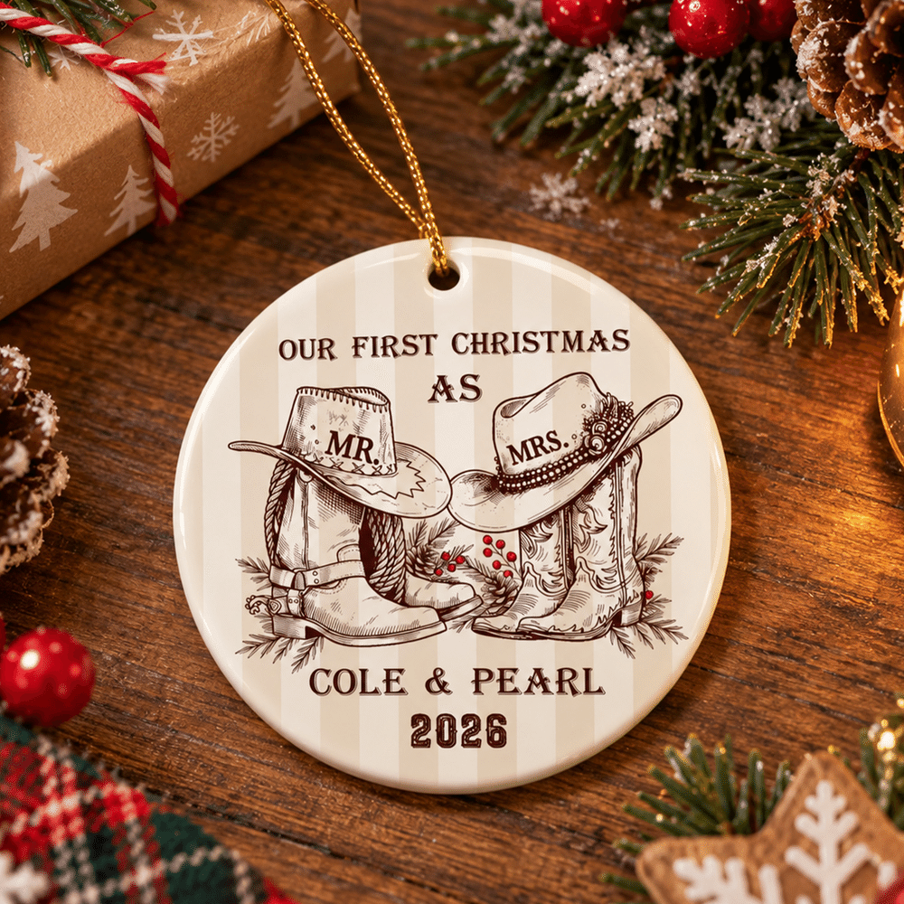 Personalized Our First Christmas Cowboy Boots Round Ceramic Ornament with Name Tree Decor Christmas Gift for Couple 4