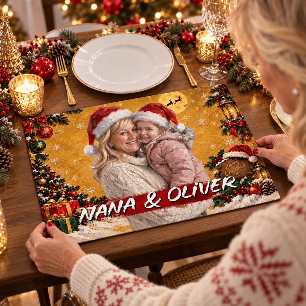Personalized Christmas Theme Oil Painting Style Character Photo Placemat with Name Kitchen Dining Decor Christmas Gift for Friends Family 2