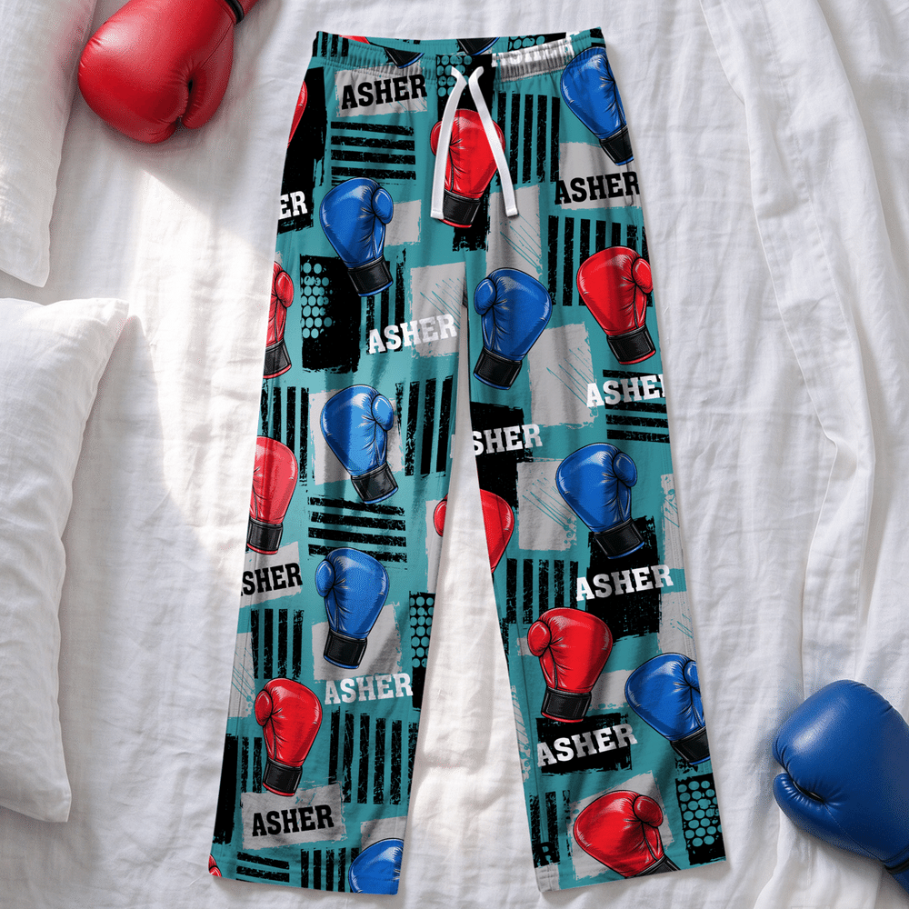 Personalized Multicolor Boxing Gloves Pattern Soft Pajama Pants with Name Daily Wear Christmas Gift for Family Friends Boxing Enthusiasts 3