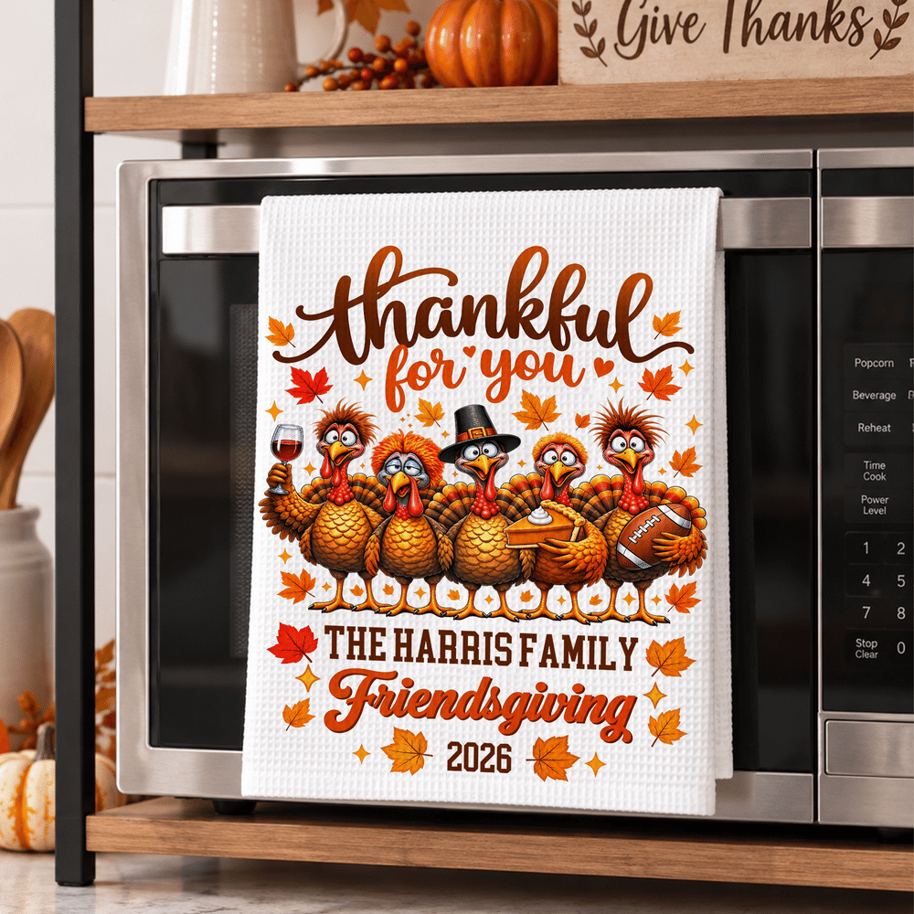 Personalized Thanksgiving Turkey Pumpkin Pattern Super Absorbent Tea Towel with Text and Year Thanksgiving Day Housewarming Gift for Family Friend 3