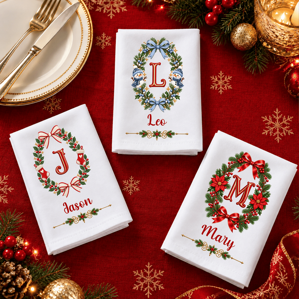 Personalized Large Christmas Wreath Initial 100% Cotton Christmas Table Napkin with Name Table Decoration Christmas Gift for Family Friend 2