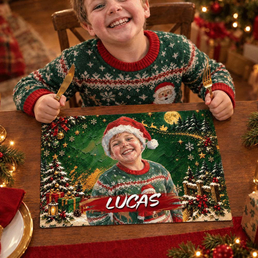Personalized Christmas Theme Oil Painting Style Character Photo Placemat with Name Kitchen Dining Decor Christmas Gift for Friends Family 4