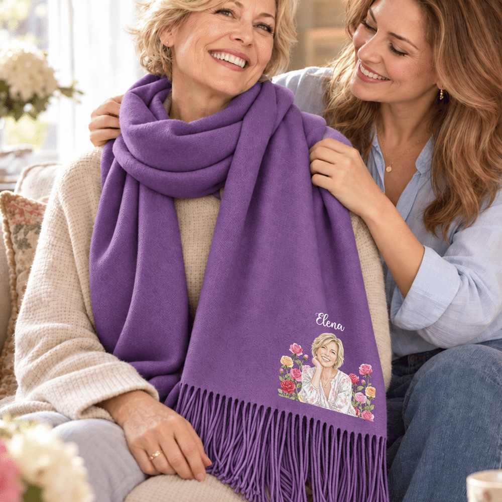 Personalised Watercolor Photo Birth Flower Soft Warm Tassel Scarf with Name Winter Accessory Birthday Christmas Gift for Family Friends Women 3