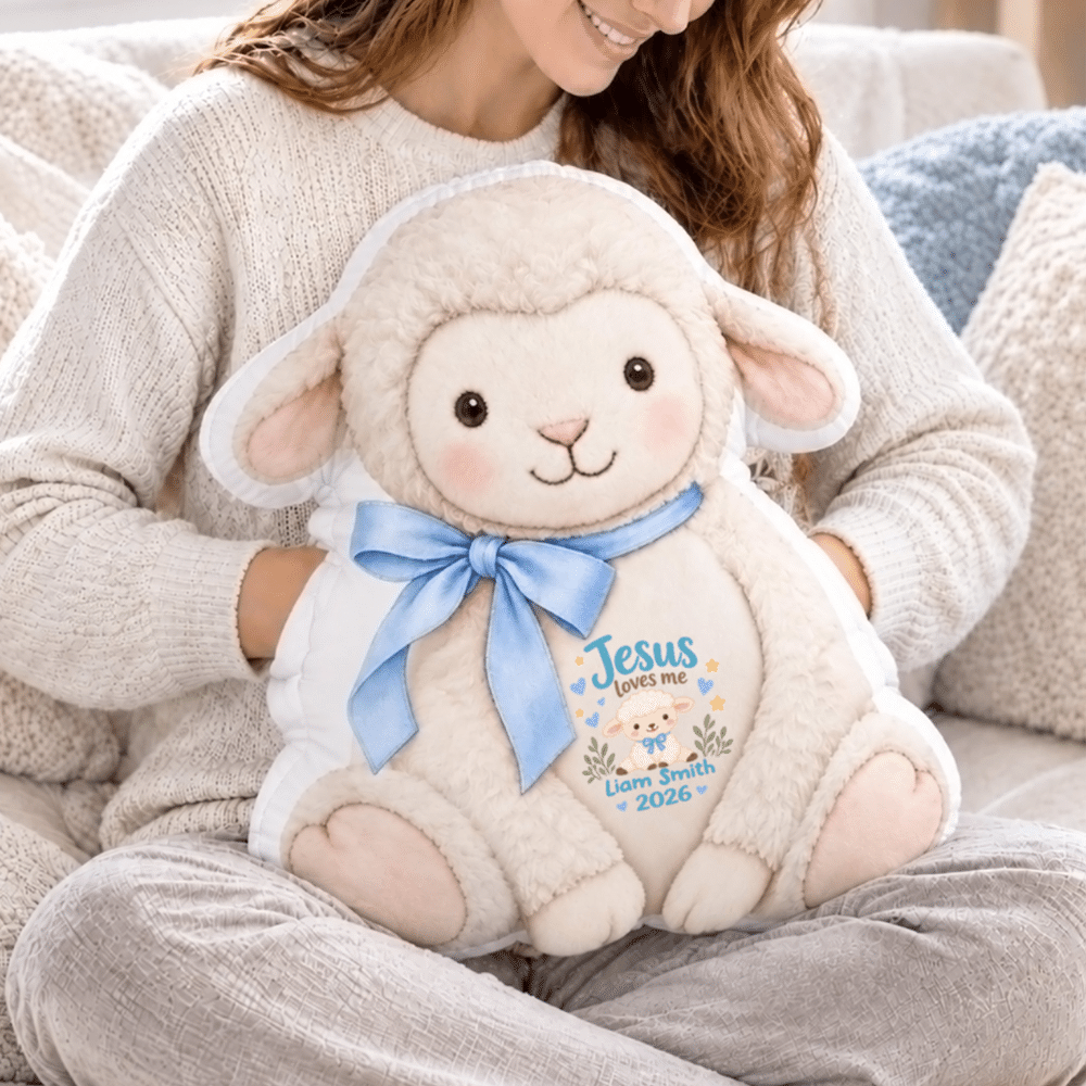 Personalized Bible Lamb Bow Soft Plush Pillow with Name Year and Date Christening Baby Shower Birthday Gift for New Babies New Parents 4