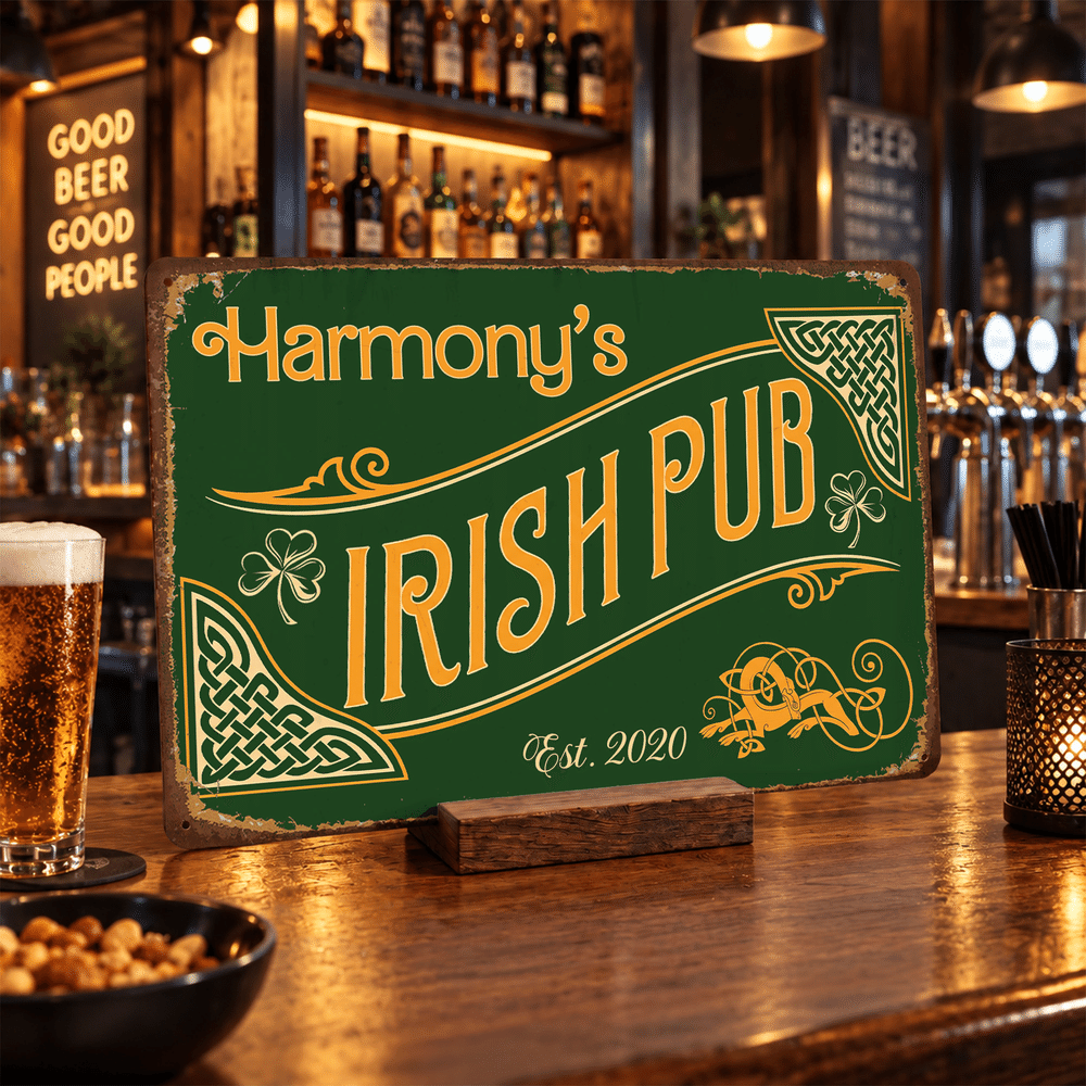 Personalised Vintage Shamrock Irish Pub Green Metal Sign with Name and Year Wall Decor Birthday Christmas Gift for Father Husband Drinker 4