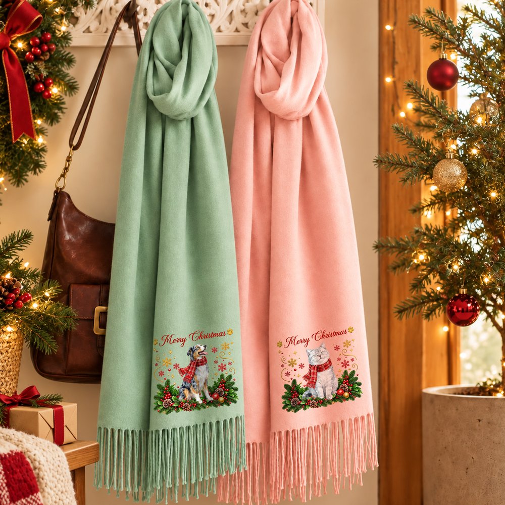 Personalized Christmas Theme Pet Photo Soft Warm Tassel Scarf Shawl with Title Winter Accessory Christmas Gift for Women Pet Owner 5