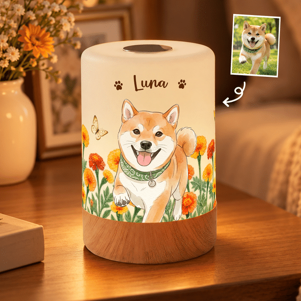 Personalised Hand-Drawn Style Birth Flower Dimmable Touch Night Light with Name and Photo Daily Use Birthday Gift for Pet Lover Friend Woman