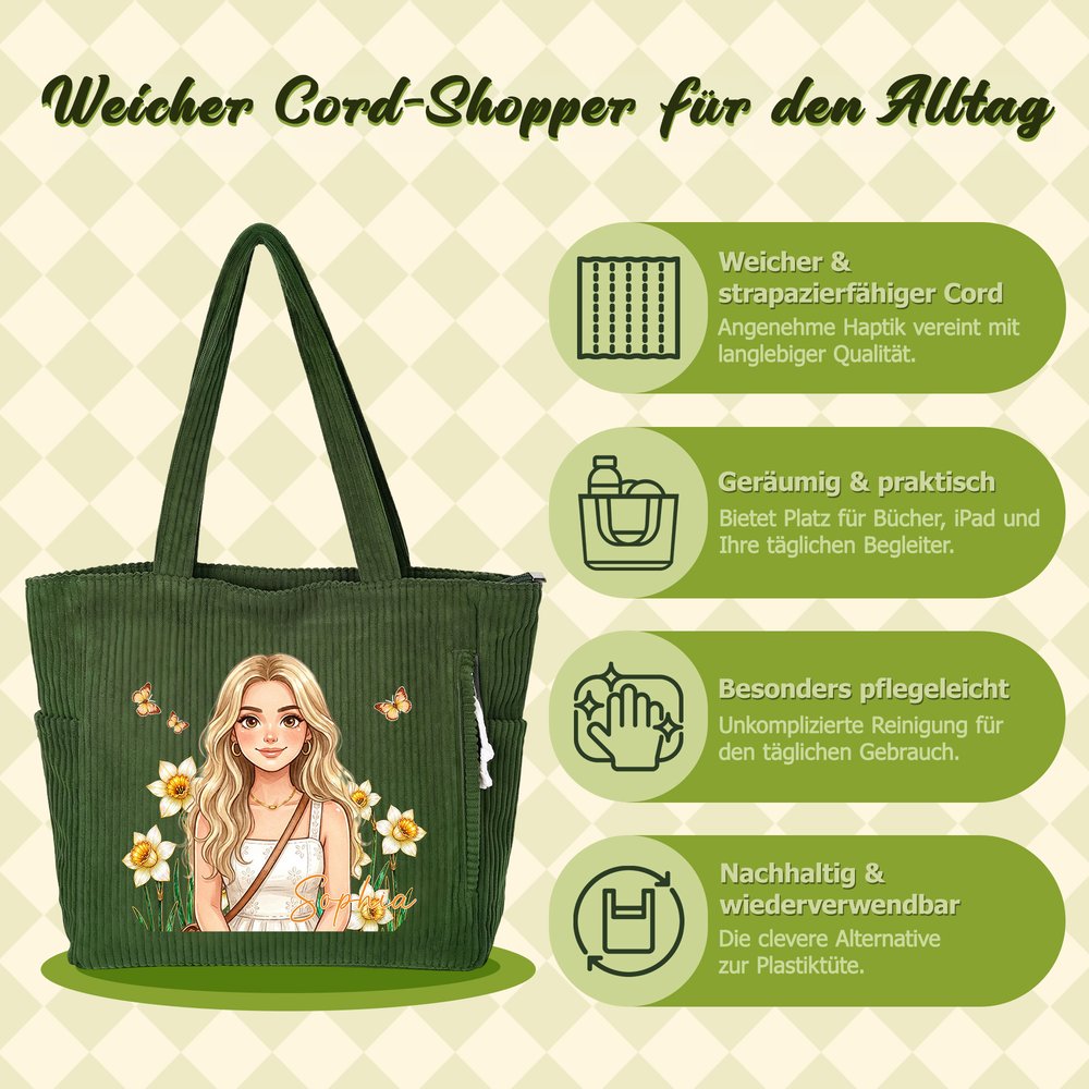Personalisierter Foto-Zeichnung Shopper mit Geburtsblumen & Namen | großes Fassungsvermögen | Cordtasche | Tote Bag | Geburtstagsgeschenk für Frauen 10