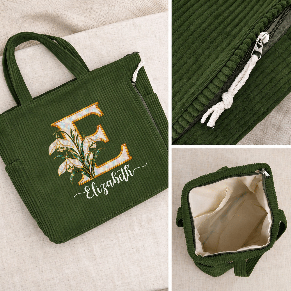 Sac fourre-tout en velours côtelé personnalisé avec initiale nacrée et fleur de naissance, avec prénom : cadeau d'anniversaire ou de Noël pour un usage quotidien, destiné à la famille, aux amis et aux femmes 7