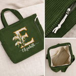 Sac fourre-tout en velours côtelé personnalisé avec initiale nacrée et fleur de naissance, avec prénom : cadeau d'anniversaire ou de Noël pour un usage quotidien, destiné à la famille, aux amis et aux femmes 7