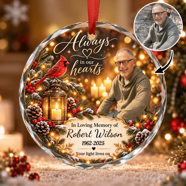 Personalised Always In Our Hearts Photo Acrylic Glass Ornament with Name and Year Christmas Memorial Sympathy Gift for Loss of Loved Ones