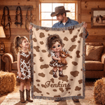 Personalized Cartoon Cowboy Cowgirl Photo Cow Print Tassel Soft Throw Blanket with Name Home Decor Birthday Christmas Gift for Boys Girls 6