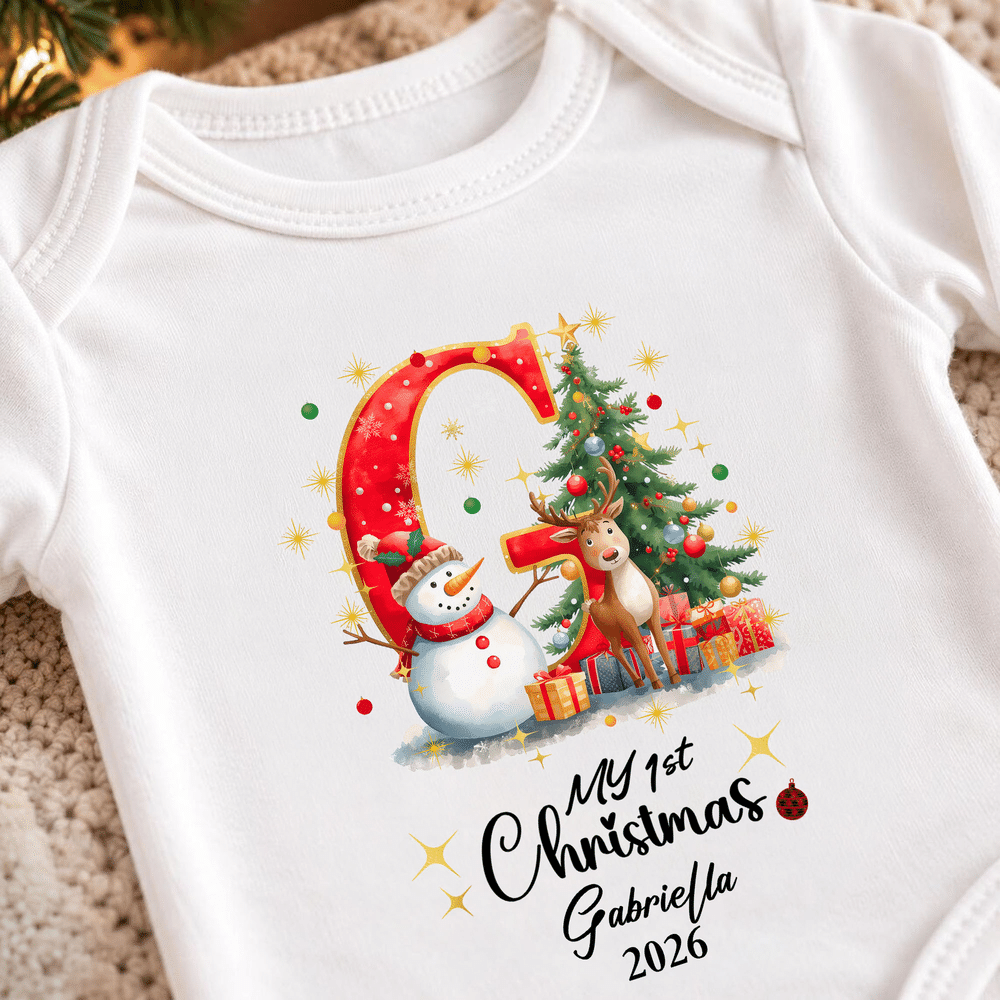 Personalized Reindeer Snowman 100% Cotton Bodysuit Baby Romper Bib Set with Name and Year Baby First Christmas Announcement Birthday Gift for Baby 7