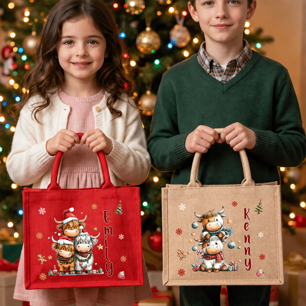 Personalized Christmas Highland Cow Snowflake Large Jute Tote Bag with Name Christmas Party Gift for Kids Family Friends 3